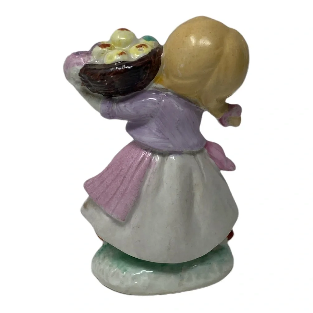 Vintage Kitschy Porcelain Girl Carrying Basket of Fruits Figurine, Japanese